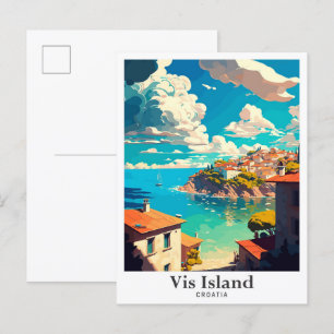 Vis Insel Kroatien Reise Vintage Illustration Postkarte