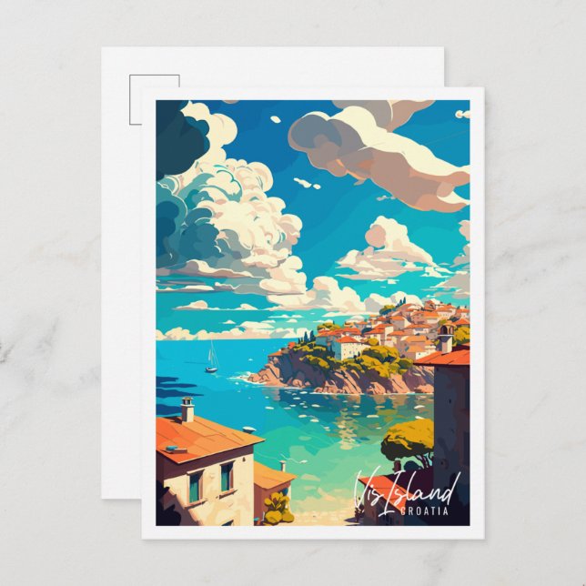 Vis Island Croatia Vintage Illustration Postkarte (Vorne/Hinten)