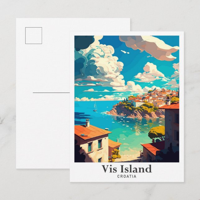 Vis Island Kroatien Reisen Vintage Illustration Postkarte (Vorne/Hinten)