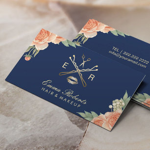 Visagist Friseursalon Vintage Floral Navyblau Visitenkarte