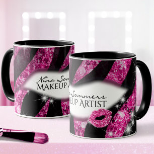 Visagist Glam Pink Glitter-Lippen Zebramuster Tasse