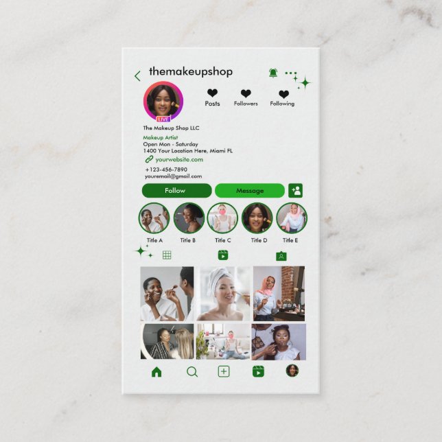 Visagist Instagram Grün | QR Code Visitenkarte (Vorderseite)