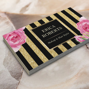 Visagist Schwarz & Gold Streifen Modern Floral Visitenkarte