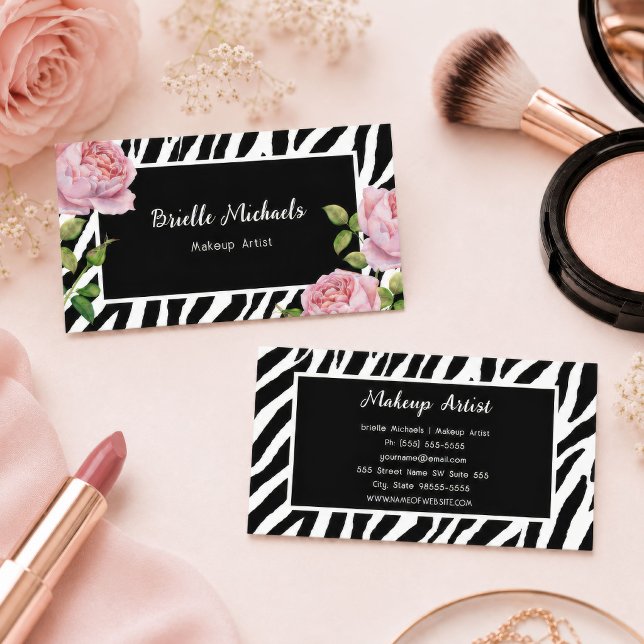 Visagist Zebra Rose Glam Visitenkarte (Makeup Artist Zebra Print Pink Rose Business Card
)