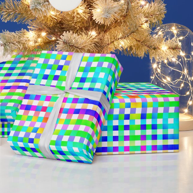 Vishy Checkered Pattern Regenbogen Weiß Kariert Geschenkpapier (Feiertage)
