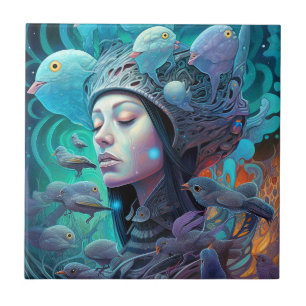 Visionäre Kunst der surrealen weiblichen Vögel Fliese