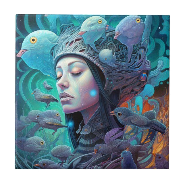 Visionäre Kunst der surrealen weiblichen Vögel Fliese (Vorderseite)