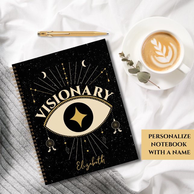 Visionelles drittes Auge Notizbuch (Personalized Visionary Notebook featuring a third eye with moons, stars, crystals and dreamcatchers)
