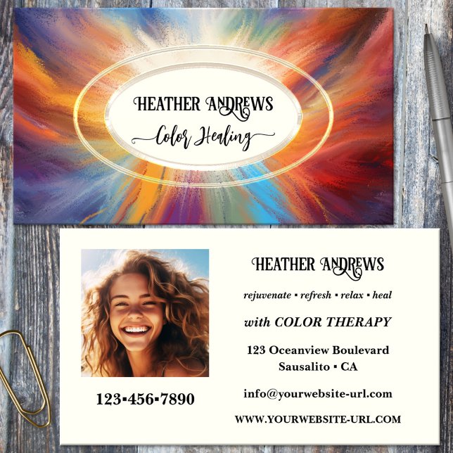 Visitenkarte für die Farbheilung der Augen (Business card featuring a colorful and vibrant design with a light center - healer - color therapy)