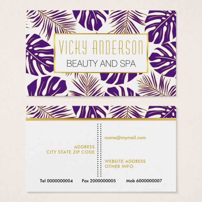 Visitenkarte für lila und goldene tropische Blätte (Vorne & Hinten)