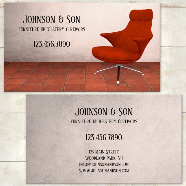 Visitenkarte für Möbel (Professional furniture and upholstery or repair business card featuring a red retro chair)