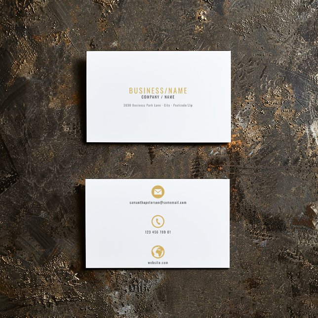 Visitenkarte für weiße und goldene Icons; Visitenk (White and gold business card. Professional business card with 3 bold and simple icons)