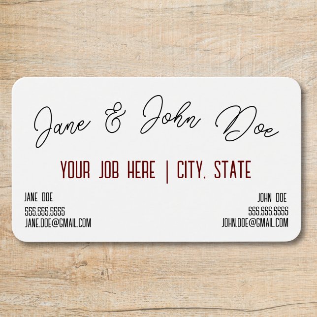Visitenkarte mit Platz für zwei Namen (business card with slot for two names curved script black and white with maroon text, two contacts)