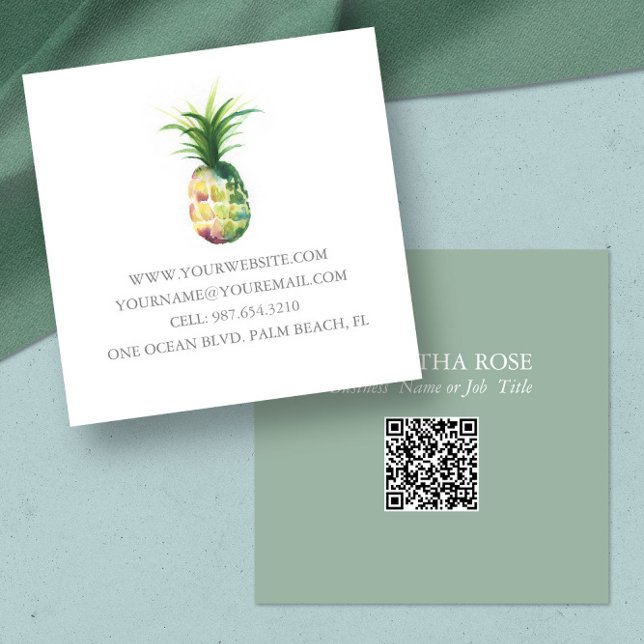 Visitenkarten Vorlage Wasserfarben Ananas Quadratische Visitenkarte (Custom business cards feature unique pineapple watercolor art by Victoria Grigaliunas)