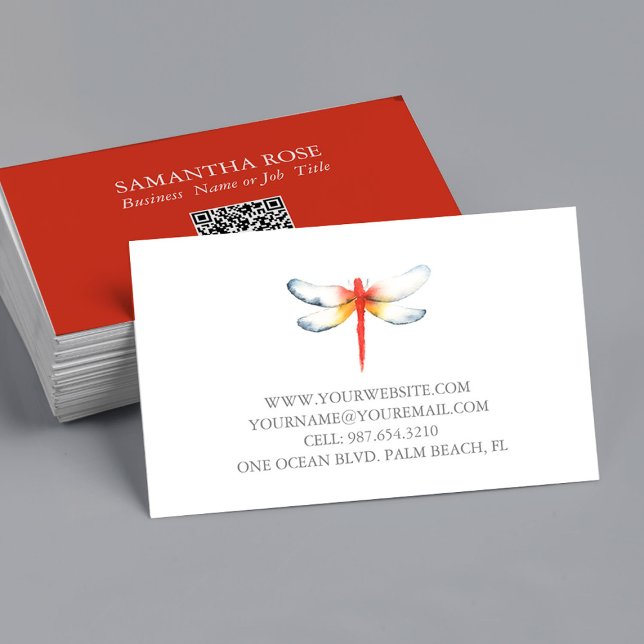 Visitenkarten Wasserfarbene Rote Libelle Visitenkarte (Business cards watercolor red dragonfly art by Victoria Grigaliunas with QR code)