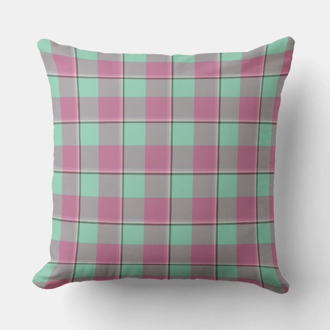Vista Blue and Turkish Rose Pink Plaid Green Kissen (Vorderseite)