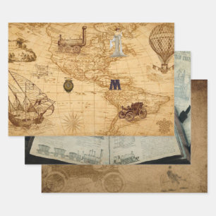 Vitage Steampunk Themed Old World Map, Engineering Geschenkpapier Set