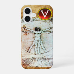 VITRUVIAN MAN Antikes Pergament Roter Rubin Monogr iPhone 16 Hülle
