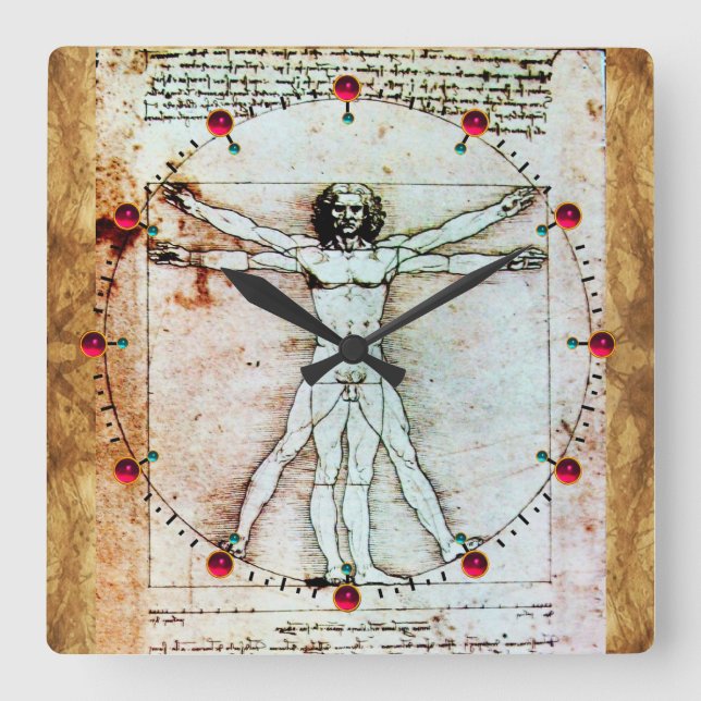 VITRUVIAN MAN Antique Parchment Red Ruby Gemstones Quadratische Wanduhr (Vorderseite)