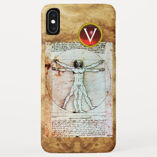 VITRUVIAN MAN Antique Parchment Red Ruby Monogram Case-Mate iPhone Hülle (Rückseite)