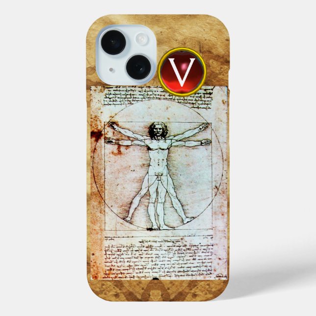 VITRUVIAN MAN Antique Parchment Red Ruby Monogram Case-Mate iPhone Hülle (Rückseite)