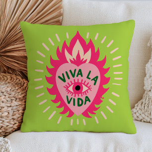 Viva La Vida Rosa Böser Blick Herz in Flammen Grün Kissen