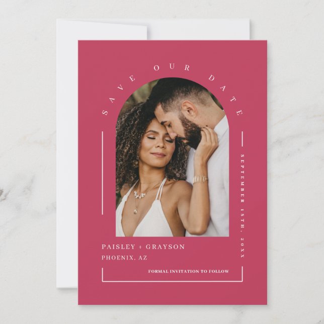 Viva Magenta Boho Arch Foto QR Code Rettete Unser  Einladung (Vorderseite)