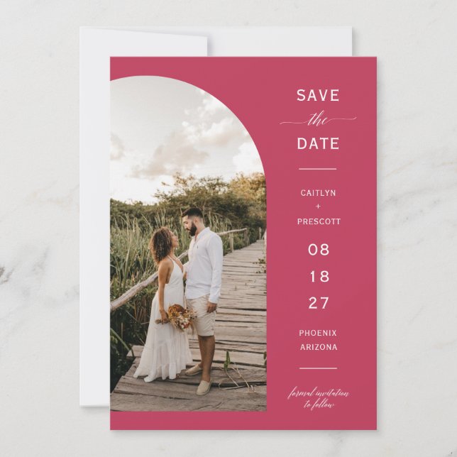 Viva Magenta Boho Arch Foto QR-Code Save the Date Einladung (Vorderseite)
