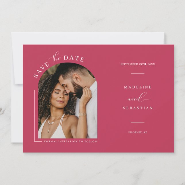 Viva Magenta Boho Arch Foto QR-Code Save the Date Einladung (Vorderseite)