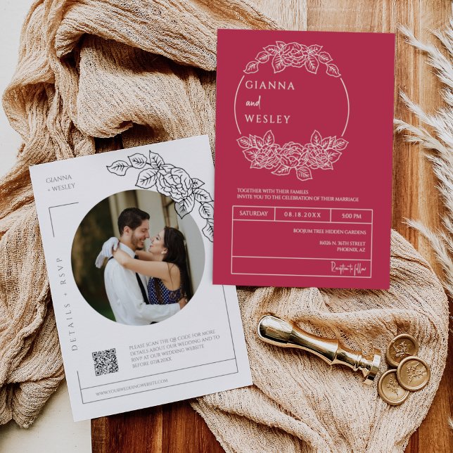 Viva Magenta Botanische Linie Art QR Code Foto Einladung (Von Creator hochgeladen)