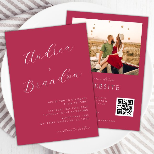 Viva Magenta Delicate Script Qr Code Foto Hochzeit Einladung (Von Creator hochgeladen)