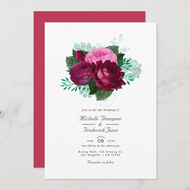 Viva Magenta Floral Wedding Einladung (Vorne/Hinten)