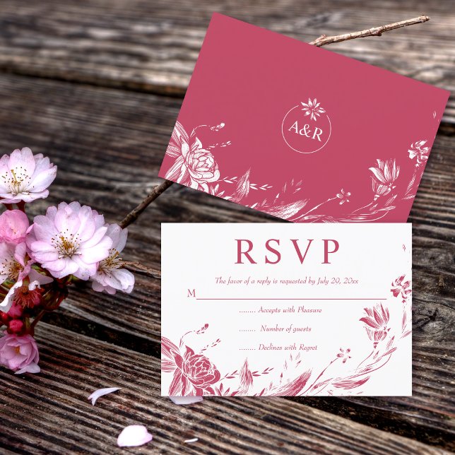Viva magenta line art Blume typografie floral RSVP Karte (Von Creator hochgeladen)