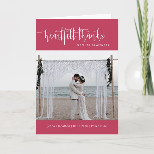 Viva Magenta Minimal Script Hochzeit Foto geflogen Dankeskarte (Vorderseite)