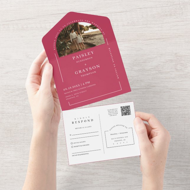 Viva Magenta Modernes Minimalistisch Arch Foto QR  All In One Einladung (Abreißen)