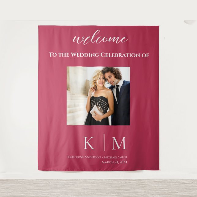 Viva Magenta und White-Foto-Wedding- Wandteppich (Vorderseite)