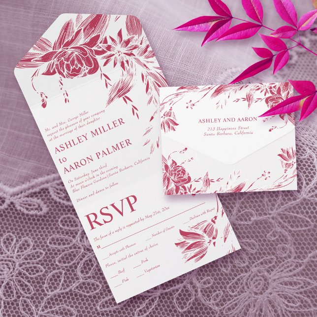 Viva magenta und White Line Art Blume Hochzeit All In One Einladung (Von Creator hochgeladen)