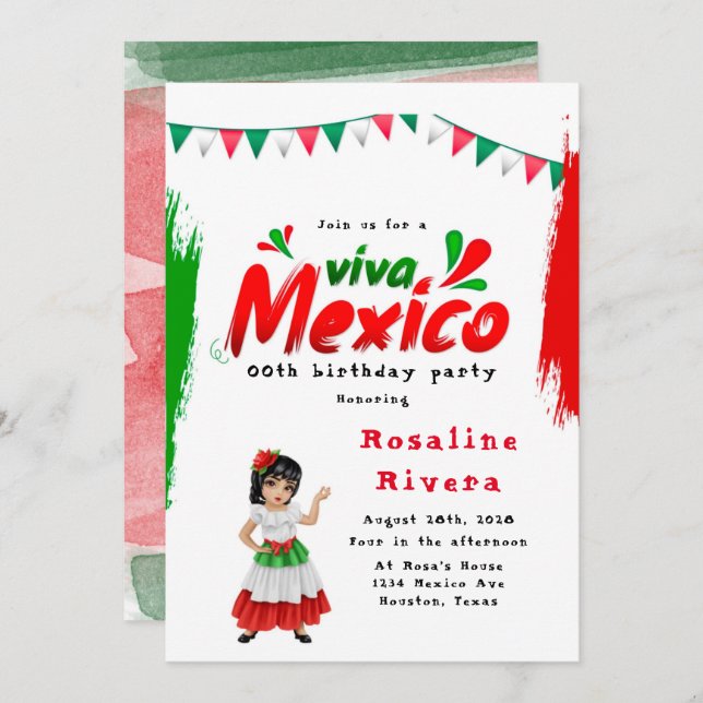 Viva Mexico Girl 00. Geburtstagsparty Einladung (Vorne/Hinten)