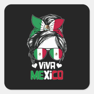 Viva Mexico Messy Bun Mexican Flag Lover Quadratischer Aufkleber
