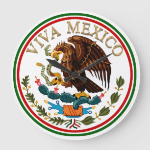 Viva Mexico Mexican Flag Icon w/ Gold Text Große Wanduhr
