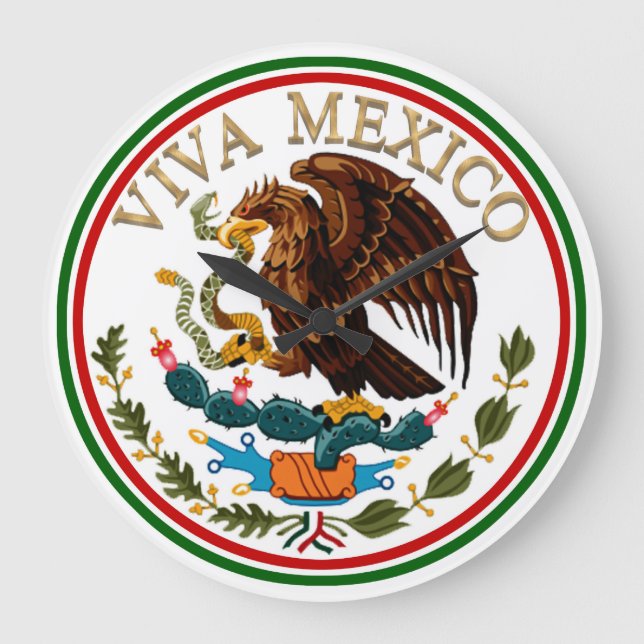Viva Mexico Mexican Flag Icon w/ Gold Text Große Wanduhr (Vorderseite)