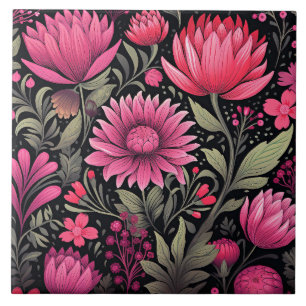 Vivacious Pink Floral Pattern, AI generiert, Fliese