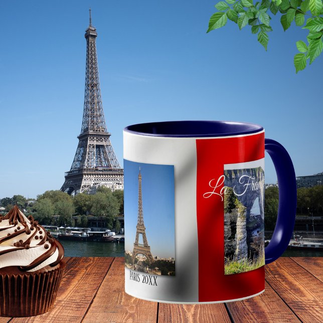 Vive La France Paris Französische Flagge Foto Tass Tasse (Photo mug featuring your photos framed by an image of the French flag. For anyone who loves France)