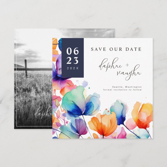 Viviane Aquarellfarben Blume & Foto Save the Date (Vorne/Hinten)