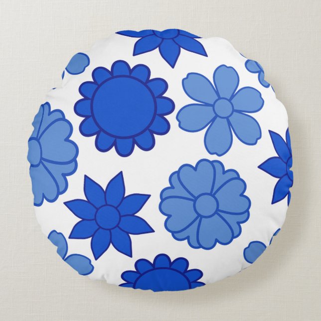 Vivid Blue Floral Round Pillow Rundes Kissen (Vorderseite)