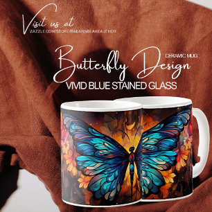 Vivid Blue Stached Glass Butterfly Design Kaffeetasse