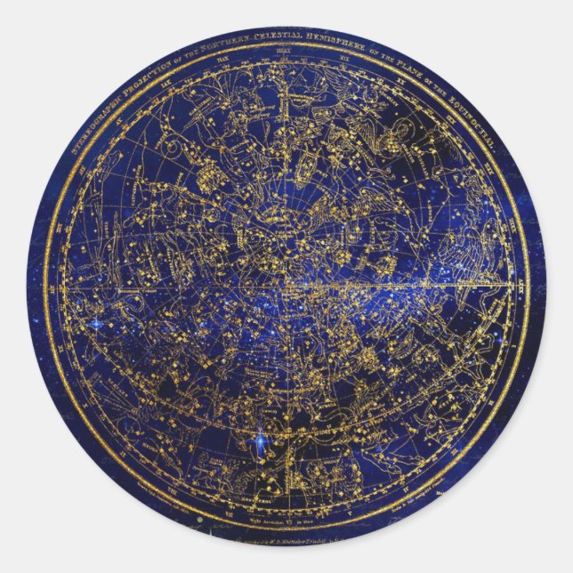 Vivid Blue Star Map/Golden Constellation Globe Runder Aufkleber (Vorderseite)