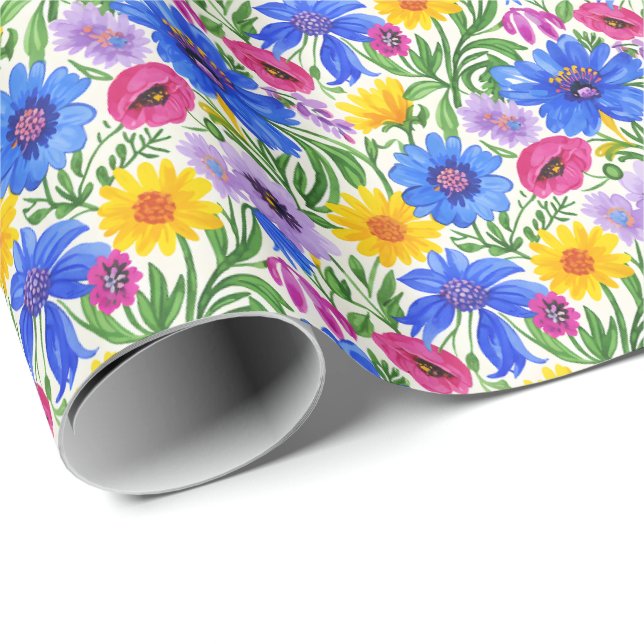 Vivid Blue Yellow Red Purple Flowers Pattern Geschenkpapier (Rolleneckpunkt)