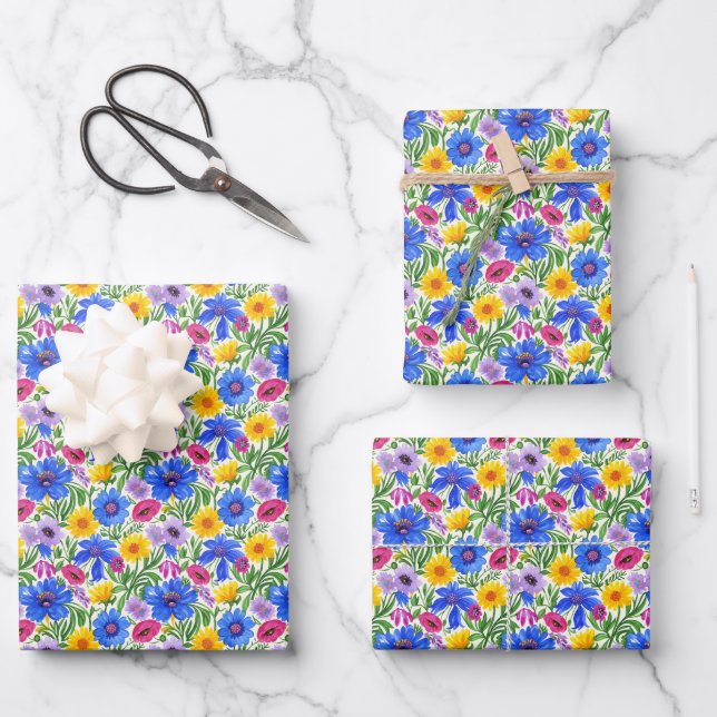 Vivid Blue Yellow Red Purple Flowers Pattern Geschenkpapier Set (Vorderseite)