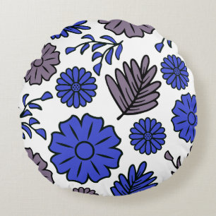 Vivid Brown & Deep Blue Floral Round Pillow Rundes Kissen